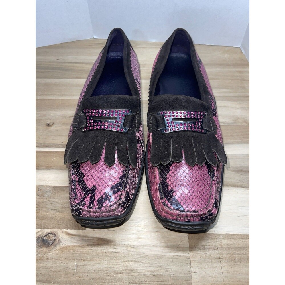 Donald J Pliner Sport Snake Print Driving Loafers Leather Rhinestone Women’s 9.5